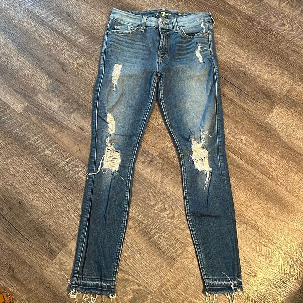 7 For All Mankind The Ankle Skinny Jeans 26 Distressed Raw Hem Stretch Denim - Picture 2 of 12